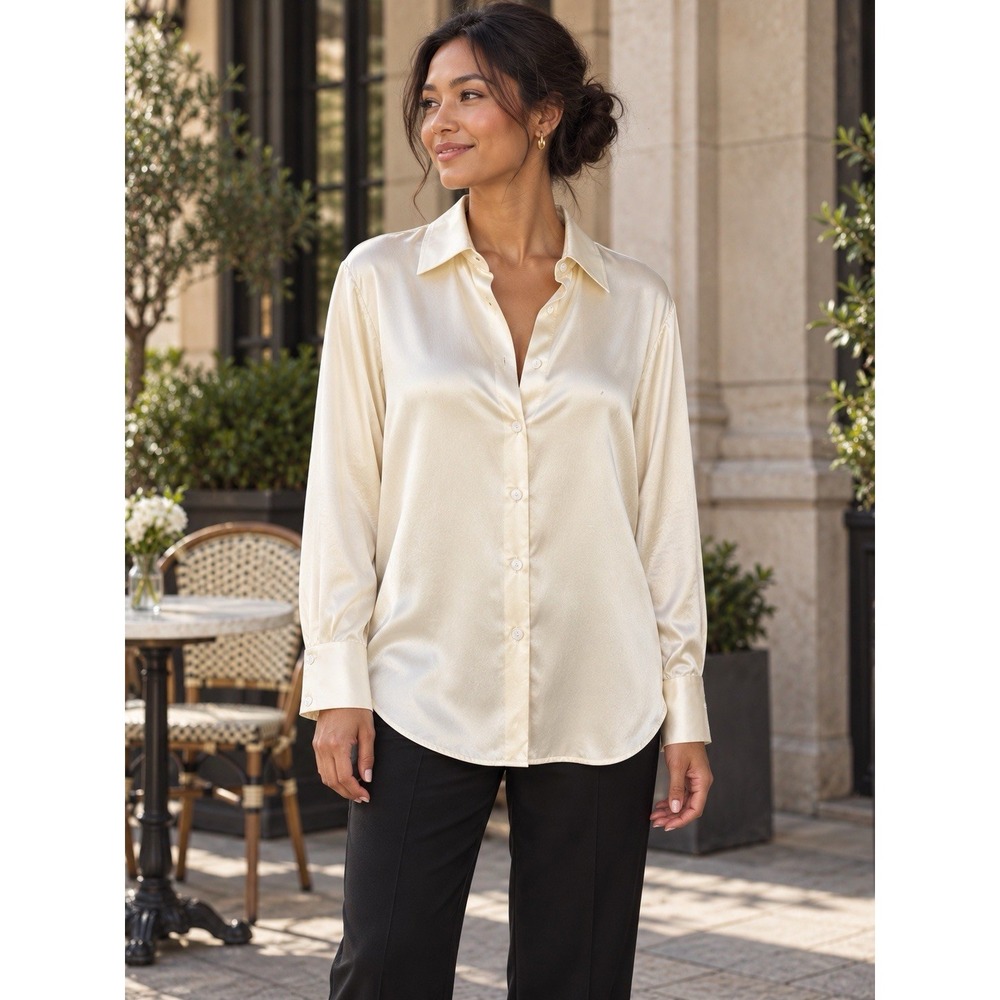 LILYSILK Blouse Women XS Ivory 100% Mulberry Silk 22 Momme Button Up Long Sleeve